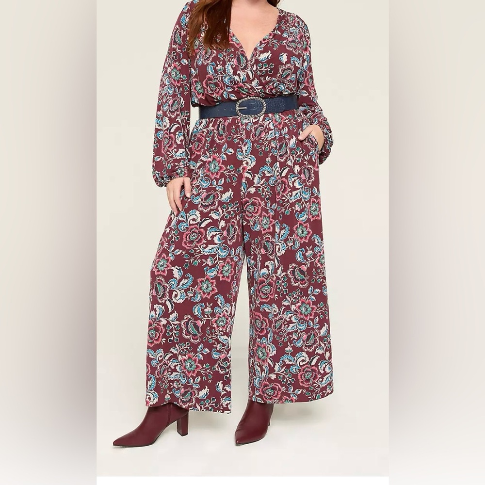 Lane Bryant Burgundy Floral Long Sleeve Romper